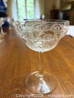 Single Tiffin June Night coupe showing etched rose pattern and stem