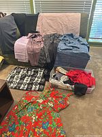 All fabric pieces displayed on sofa and floor