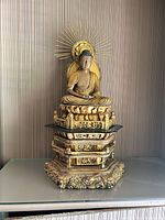 Full view of Buddha statue on pedestal