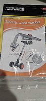 Instruction manual and carbide saw blade package indicating electric weed wacker and blade type