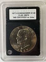 Obverse of 1977-D Eisenhower dollar in INB slab showing label and MS70 grade