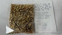 Sealed plastic bag of gold-tone findings beside printed chemical analysis slip