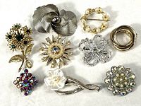 All nine brooches arranged on white cloth