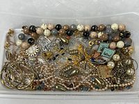 Overview of entire unsorted jewelry lot in plastic bin