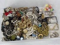 Overall view of mixed jewelry in plastic bin