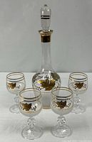 Full view of decanter with stopper and four matching glasses