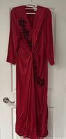 Front view of red Mila Schön silk maxi dress with beaded grape motif