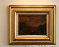 Front view warm-tone painting showing frame and linen liner
