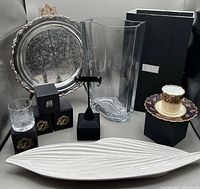 Group shot showing all items: sterling earrings boxes, Spode leaf tray, Libera vase with box, Wm A Rogers silver tray, Aynsley cup & saucer, Royal Scot glasses