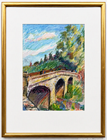 Full view of framed painting showing artwork, mat and frame