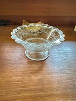 oblique view of clear pressed glass compote showing pedestal and embossed pattern