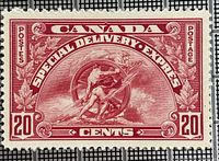 Front of unused 1935 20-cent Special Delivery stamp showing Allegory of Progress design, clear color and perforations
