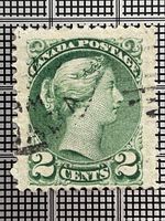 Front view of 2-cent green Queen Victoria Small Queen stamp showing design, denomination, and cancellation