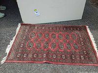 Full view of red rust Bokhara style area rug showing pattern and fringe