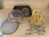 mixer housing, beaters, three strainers, square pan