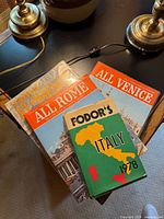 Stack of four travel guidebooks on desk