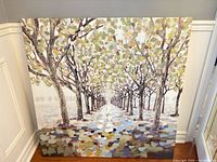 Front view of square acrylic painting showing full tree-lined pathway composition
