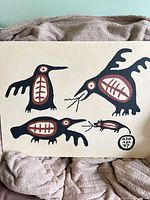 Full view of painting showing four birds, two insects, color palette, entire canvas, unframed