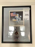 Full view of framed montage showing print, medallion, stamps, frame and mat
