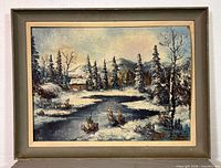 Full view of framed winter landscape painting