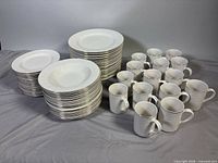 Full dinnerware set stacked: dinner plates, soup bowls, mugs