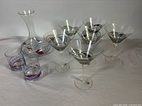 Full set showing decanter, six martini glasses and two tumblers
