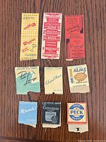 Front graphics of eight matchbook covers including Wiggins, Dr. Binzer Co./Cranny’s, Peter Lorge, Colonial House, Mocambo, Congress Hotel, Pick Hotel and Alms