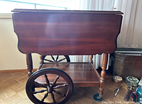 Full side view of tea cart with drop-leaf top extended