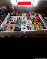Tabletop view of entire spread of approximately 30 vinyl LPs