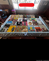 Overhead view showing full array of approximately 30 LP jackets laid out on table