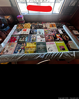 Overhead view of roughly 30 LP record jackets laid out on table