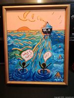 Full view of framed painting showing cruise liner, swimmers, and signature text