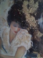 Close-up of woman’s face and dress within artwork