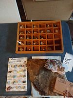 Overall lot showing tray, specimen board, slabs and notebook tag