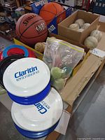 Stack of Claritin discs, Spalding basketballs, box of baseballs, bag of tennis balls