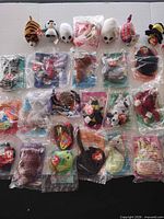 All 27 Teenie Beanie Babies laid out, some loose for scale, most in sealed bags