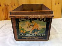 Front view showing full label and wood construction