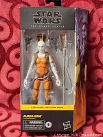 Front view of sealed Black Series Aurra Sing figure with accessories visible