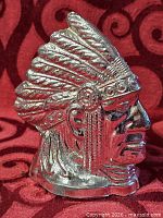 Left profile of silver-tone Native American chief head coin bank