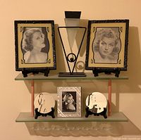 Overall view of full Art Deco arrangement on glass shelves