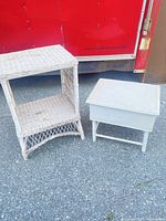 Wicker side table and storage box side by side