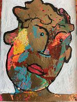 Front view of the signed abstract portrait showing colours and signature