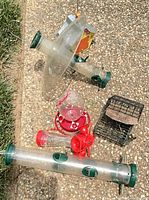 Group showing tube feeders, hummingbird feeders, suet cage and squirrel baffle