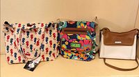 Three bags: seahorse tote, Lily Bloom floral crossbody, cream/tan shoulder bag