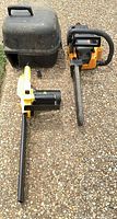Two chainsaws side by side with case