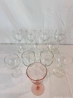Front view of all 12 glasses arranged together, showing color difference and etched pattern on pink glass