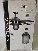 Front of retail box showing Monte Carlo Airlift 44" ceiling fan image