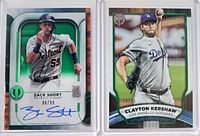 Both 2022 Topps Tribute parallel cards front view in top loaders