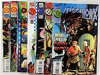 Front view of seven Generation X comics fanned out
