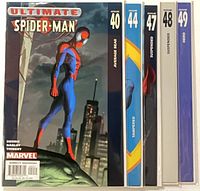 Five bagged Ultimate Spider-Man issues 40, 44, 47, 48, 49 side-by-side